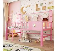 Lit bébé 90 x 200 cm, lit superposé bas avec barrière de sécurité, espace de rangement, tringle à vêtements et étagère en filet, lit pour adolescents, lit simple, rose, structure en métal