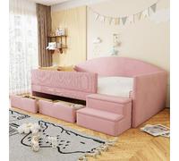 Lit bébé 90x190 cm en velours rose, avec 2 tiroirs, une barrière et des marches rembourrées. Lit rembourré sans matelas, idéal pour une chambre d'enfant