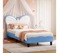 Lit bébé 90x190 cm, lit rembourré avec tête de lit en forme de papillon, 2 lampes de lecture flexibles, sommier à lattes, hauteur réglable, bleu et blanc, sans matelas