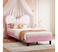Lit bébé 90x190 cm, lit rembourré avec tête de lit en forme de papillon, 2 lampes de lecture flexibles, sommier à lattes, hauteur réglable, rose et blanc, sans matelas