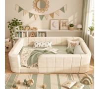 Lit bébé 90x190 cm, lit rembourré beige avec barrières de sécurité, entrée basse et sommier à lattes