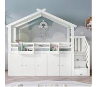 Lit bébé 90x200 cm avec antichute, 1 penderie et 2 rangements Lit superposé avec rangement, tissu rayé, blanc (matelas non inclus)