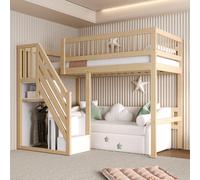 Lit bébé 90x200 cm avec escalier et espace de rangement, lit superposé avec étagères, barrière de sécurité, en bois massif, gain de place, lit pour adolescents, en bois naturel