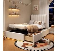 Lit bébé 90x200 cm avec revêtement en velours et système à ressort à gaz, lit de repos beige avec coffre de rangement hydraulique, 3 tiroirs et éclairage LED