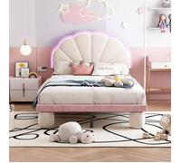 Lit bébé 90x200 cm, bande lumineuse LED multicolore, tête de lit festonnée, pieds ronds rembourrés, lit simple, velours, beige