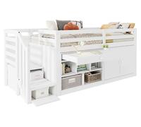 Lit bébé 90x200 cm blanc en bois, avec escalier, espace de rangement et tiroir pivotant, idéal pour une chambre d'enfant