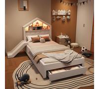 Lit bébé 90x200 cm, couleur beige, lit-cabane rembourré avec toboggan et coffre de rangement, avec tête de lit rembourrée pour chambre d'enfant