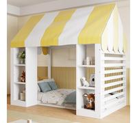 Lit bébé 90x200 cm de style champêtre avec baldaquin, 2 espaces de rangement ouverts, tête de lit et sommier à lattes, lit à colonnes pour filles et garçons, en bois, blanc