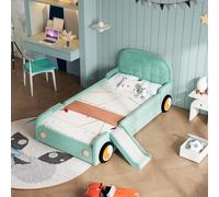 Lit bébé 90x200 cm sur le thème de la voiture, avec toboggan et échelle, et maisonnette de jeu rembourrée en bleu-vert, avec protections anti-chute, pour la chambre d'enfant