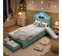 Lit bébé 90x200, lit-cabane rembourré, toboggan (emplacement gauche/droite), éclairage LED, prise de courant, étagère à la tête de lit, coffre de lit
