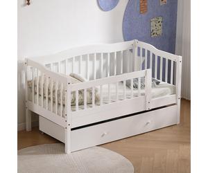 Lit bébé ALIGHTUP avec tiroirs, dimensions 70x140 cm, lit-cabane avec sommier à lattes, lit à châssis avec espace de rangement et barrière amovible, couleur blanche