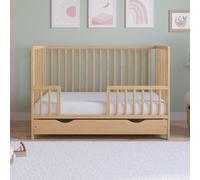 Lit bébé Asher 120x60 cm avec matelas en mousse microfibre matelassée – Lit bébé en bois convertible en lit pour enfant plus grand, avec un grand tiroir et une barrière de sécurité incluse, en bois de