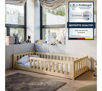 Lit bébé au sol, 80x160 cm, avec matelas, barrières de sécurité et sommier à lattes. Lit Montessori, lit bébé, lit pour enfant et adolescent, lit simple, ensemble complet. Bois massif de pin naturel,