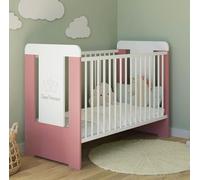 Lit bébé avec barrières et gravure "Petite Princesse", dimensions 60x120 cm, hauteur réglable | Barreaux amovibles, blanc et rose, pour filles, fabriqué en Europe | Adapté de la naissance jusqu'à 3 an