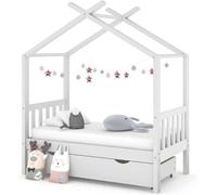 Lit bébé avec tiroir en bois massif de pin, blanc, dimensions 70x140 cm. Structure de lit avec sommier à lattes et espace de rangement pour chambre d'enfant. Lit pour enfant avec barrière de sécurité