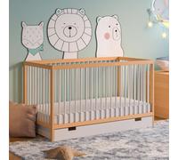 Lit bébé avec tiroir et matelas Lit d'enfant à barreaux 60x120 & 70x140 cm réglable en hauteur & barreaux amovibles | 60x120 cm bois de hêtre naturel-blanc très stable Europe