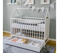 Lit bébé avec tiroir Lit à barreaux Lit d'enfant Lit de maison 60x120 cm blanc réglable en hauteur et transformable Lit d'appoint 60 x 120