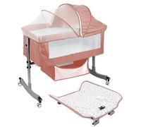 Lit Bébé Berceau Cododo 4 en 1,table à langer,réglable en hauteur,panier et moustiquaire,roulettes silencieuses,rose,100x60x110cm