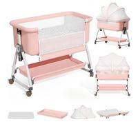 Lit Bébé Berceau Cododo ,Avec Matelas et Moustiquaire Table à Langer,Mode Balancelle et Inclinaison,6 Hauteur Réglable - Rose Clair