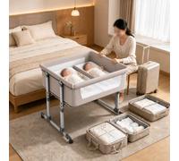 Lit Bébé Cododo avec Matelas, Berceau cododo pliable pour jumeaux, Khaki-A | Cadre réglable en hauteur, Panier de rangement intégré, roulettes fluides, usage à la maison et en voyage