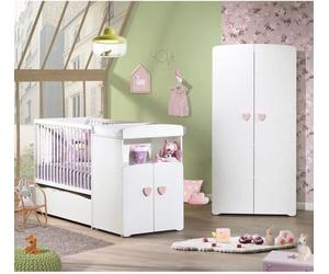 Lit Bébé Combiné Évolutif Baby Price Basic Blanc Bouton Coeur Rose, 60 x 120 cm, Transformable en Chambre Junior