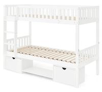 Lit bébé convertible en lit double, transformable en deux lits simples - Bois massif de pin - 90 x 200 cm - Barrières de sécurité - Tiroirs - Échelle - Blanc