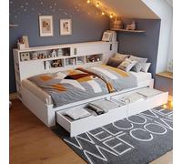 Lit bébé convertible en lit simple, dimensions 90 x 200 cm, avec armoire multifonctionnelle, tiroirs, étagère de rangement, grand espace de stockage et sommier à lattes, couleur blanche (sans matelas)