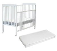 - Lit bébé en bois avec matelas 60x120, modèle ESSENTIEL, couleur blanc | Lit pour enfant | Equipé de 4 roulettes | Avec sommier à lattes réglable sur 3 niveaux