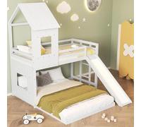 Lit bébé et lit superposé 90x200 et 140x200 avec toboggan, lit superposé double avec toit pour 3 enfants, lit en bois avec barrières de sécurité et sommier à lattes, sans matelas