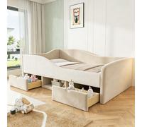 Lit bébé Flieks 90x190 cm avec tiroirs et compartiment de rangement, lit simple rembourré avec sommier à lattes, canapé-lit pour enfant avec barrière de sécurité, velours, beige