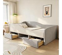 Lit bébé Flieks 90x190 cm avec tiroirs et compartiment de rangement, lit simple rembourré avec sommier à lattes, canapé-lit pour enfant avec barrières de sécurité, velours, gris