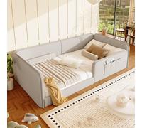 Lit bébé Flieks 90x200 cm avec barrière de sécurité, canapé-lit convertible en lit de jour avec poches de rangement, lit plateforme en bois avec sommier à lattes, lin, beige