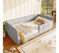 Lit bébé Flieks 90x200 cm avec barrière de sécurité, canapé-lit convertible en lit de jour avec poches de rangement, lit plateforme en bois avec sommier à lattes, lin, gris