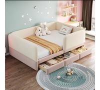 Lit bébé Flieks avec barrière de sécurité, canapé-lit 140x200 cm avec 3 tiroirs, lit convertible en canapé 2 places avec dossier, en velours, couleur rose