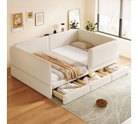 Lit bébé Flieks avec barrière de sécurité, canapé-lit 140x200 cm avec 3 tiroirs, lit convertible en canapé 2 places avec dossier, en velours, couleur beige