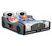 Lit bébé gris en forme de voiture, avec des roues, équipé d'un haut-parleur Bluetooth et de LED