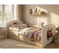 Lit bébé « Happy » 140 x 70 cm avec tiroir et barrière de sécurité | Lit junior aspect bois poirier | Lit pour tout-petits robuste