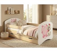 Lit bébé « Happy » 140 x 70 cm avec tiroir et barrière de sécurité | Lit junior aspect bois poirier | Lit pour tout-petits robuste