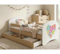 Lit bébé « Happy » 140 x 70 cm avec tiroir et barrière de sécurité | Lit junior aspect bois poirier | Lit pour tout-petits robuste
