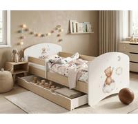 Lit bébé « Happy » 140 x 70 cm avec tiroir et barrière de sécurité | Lit junior aspect bois poirier | Lit pour tout-petits robuste