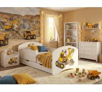 Lit bébé Happy Babies avec barrière de sécurité garçon 140x70 Lit pour chambre d'enfant avec tiroir Matelas Lit simple pour enfant Blanc, motif pelleteuse