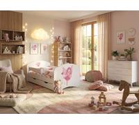 Lit bébé Happy Babies - Avec matelas, tiroir et barrière de sécurité, 70 x 140, lits bébé filles et lits adolescents garçons, blanc