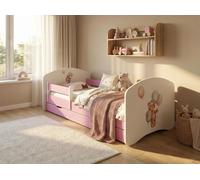 Lit bébé Happy Babies - Ensemble avec matelas, tiroir et barrière de sécurité, 70 x 140, lits bébé filles et lits adolescents garçons, lit enfant, ours