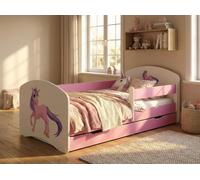Lit bébé Happy Babies - Ensemble avec matelas, tiroir et barrière de sécurité, 70 x 140, lits bébé filles et lits jeunes garçons, lit enfant, licorne