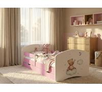 Lit bébé Happy Babies - Ensemble avec matelas, tiroir et barrière de sécurité, 70 x 140, lits bébé filles et lits adolescents garçons, lit enfant, ours