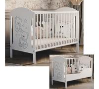 Lit bébé Hugo 60x120 cm avec barrière et matelas en mousse – blanc, en bois, avec motif oursons
