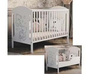 Lit bébé Hugo 60x120 cm avec barrière et matelas en mousse – blanc, en bois, avec motif oursons