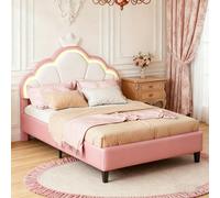 Lit bébé INONEFT 140x200 cm, lit capitonné style princesse avec éclairage LED, lit pour adolescents fille avec repose-tête réglable, design à motifs de couronnes, en velours rose