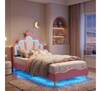 Lit bébé INONEFT 90x190 cm avec éclairage LED, lit rembourré avec repose-tête réglable en forme de couronne, lit simple moderne avec sommier à lattes, couleur rose