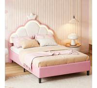 Lit bébé INONEFT, lit matelassé 140x200 avec éclairage LED, lit princesse en forme de couronne, repose-tête réglable, lit pour adolescents, velours, rose